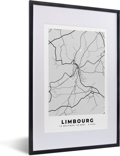 Fotolijst incl. Poster Zwart Wit- Stadskaart – Zwart Wit - Kaart – Limbourg – België – Plattegrond - 40x60 cm - Posterlijst