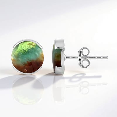 Cavill - 925 Sterling Zilver Oorbellen - 3,75 ct Garut Houtopaal - Ronde Cabochon - Elegant Indonesisch Design - 11 mm