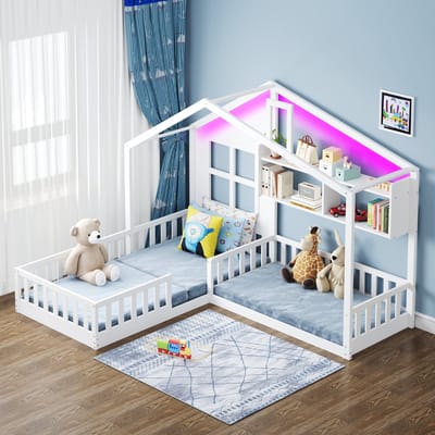 Sweiko Kinderbed - 90x200 cm (140x70 cm) - Opbergplank - LED-verlichting - Veiligheidsrails - Wit