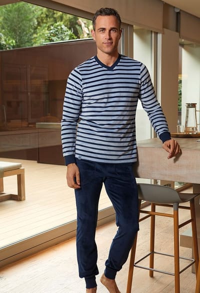 Barandi Herenpyjama – Lange Mouwen – Gestreept – Blauw – Zachte Fleece Broek - XL