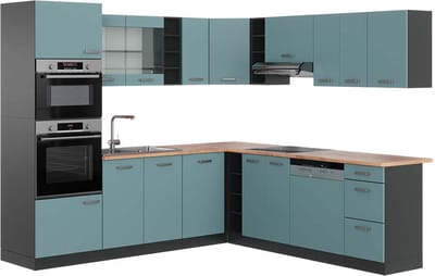 Vicco Hoekkeuken R-Line, Blauw-grijs/Antraciet, 247 x 237 cm, WB Eik