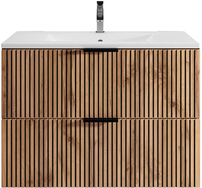 Vente-unique Zwevend badkamermeubel met inbouwwastafel - Licht naturel en zwart - 80 cm - MADELA