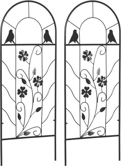 Daity Tweedelige metalen bloemenstandaardset, versierd met vogel- en klavermotieven, geschikt voor tuinen en terrassen, zwart, 38 x 98 cm