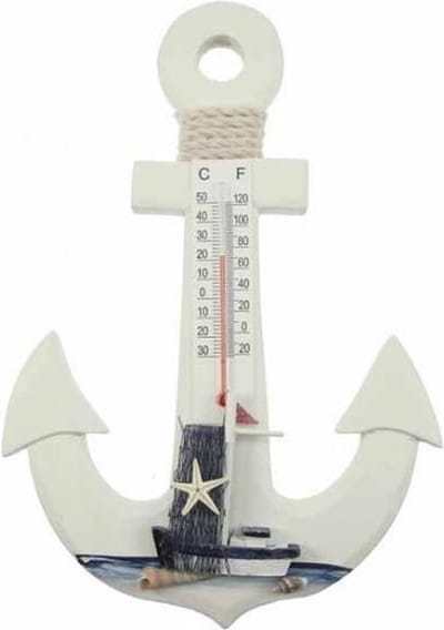 Houten anker met thermometer 18x1x24 cm | Wit | Seaside