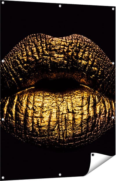 Gards Tuinposter Gouden Lippen - 90x120 cm - Tuindoek - Tuindecoratie - Wanddecoratie buiten - Tuinschilderij