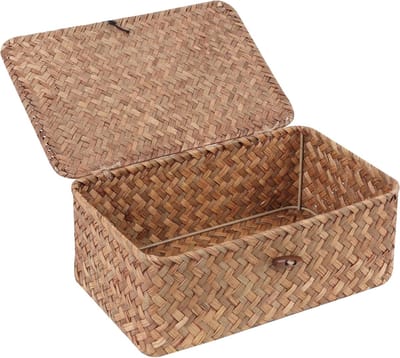 Wicker Opbergmanden met Deksel van Zeegras, Handgeweven Rectangulaire Baskets voor Planken en Bureau, Ideaal voor Thuisorganisatie (Koffiebruin, Klein)