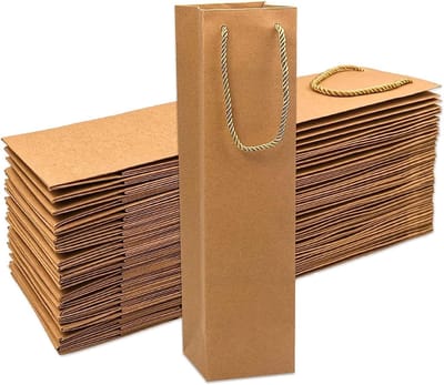 50x Kraftpapier Cadeauzakjes voor Wijnfles met Handvatten - Bruin