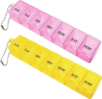Set van 2 pillendozen, draagbare 7-dagen medicatie organizer met vakken voor supplementen, vitamines en visolie (Roze/Geel)