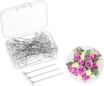 METERXITY Set van 50 Corsage Boutonnieres-pinnen, 5,1 cm heldere diamant bloemen rechte pin voor bruiloft/sieraden/bloemendecoraties, boeketspelden en bloemspelden