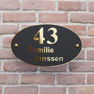 Naambordje voordeur - Huisnummerbord - Ovaal - 25x15 - zwart/goud - RVS afstandshouders