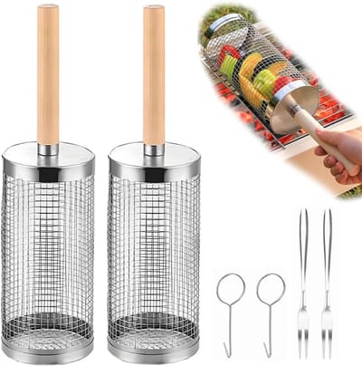 Grillmand-grillmand bbq-Set van 2 rolgrillmandjes - Afneembaar houten handvat - 304 roestvrij staal - Accessoires voor groenterookoven en barbecue - Rolgrillmandjes voor vader echtgenoot - 35x9cm