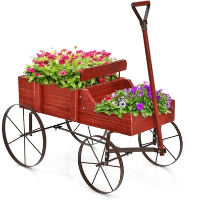 COSTWAY Bloemenstandaard, houten wagen, plantenwagen, bloemenwagen met metalen wielen, bloembak, plantenstandaard voor tuin en terras, 35 x 63 x 62,5 cm (rood)