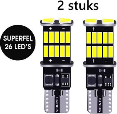 TLVX Autolampen W5W Led Auto Canbus - 2 stuk - T10 Auto Led lights - Wit - 6500K - Storingsvrij - 12V - 26 SMD - Witte Led Lampen - Stadslicht - Interieur - Kenteken