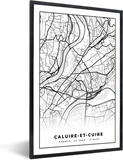 Fotolijst incl. Poster Zwart Wit- Stadskaart - Plattegrond - Kaart - Frankrijk - Caluire-et-Cuire - Zwart wit - 40x60 cm - Posterlijst