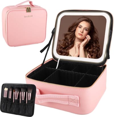 Make-up Tas met Led Licht Spiegel - Grote Capaciteit Cosmetische Organizer - Vanity Travel Case voor Make-up - Verstelbaar Compartiment - Roze - Modieus