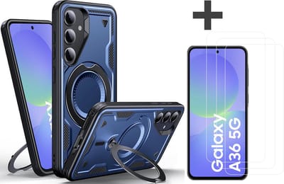 Hoesje Geschikt voor Samsung Galaxy A36 met 3 Stuks gehard glas Screenprotectors - Armor hoes met Ringhouder - Arara backcover - Navy