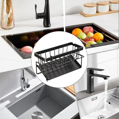 Keuken Organiser RVS Gootsteenrek met Automatische Afvoerbak – Spons- en Handdoekhouder – Duurzaam Roestvrijstaal Keuken Accessoire – Zwart