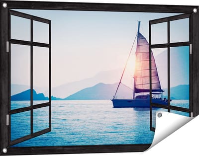 Gards Tuinposter Doorkijk Zeilboot bij Zonsondergang - 90x60 cm - Tuindoek - Tuindecoratie - Wanddecoratie buiten - Tuinschilderij