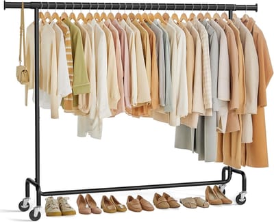 Conway Living® - Kledingrek op Wieltjes - Heavy Duty Verrijdbaar Kledingrek - Garderoberek - Verstelbare kledingstang - Uitschuifbare Kledingstang - Verstelbare Hangstang - Stabiel tot 150 kg - Zwart