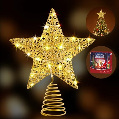 kerstboompiek, ster, 25 cm glitterboompieken van gouddraad met timer, stroomvoorziening via batterij of USB, 20 ledlampen, verlichte sterboomdecoratie voor kerstboom