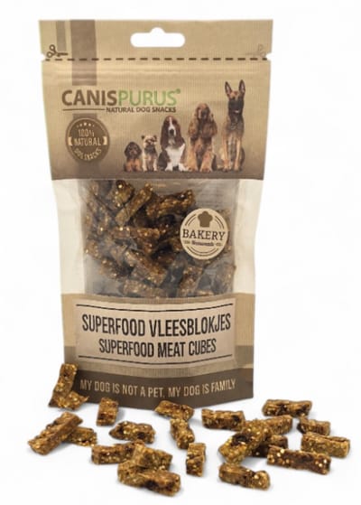 CanisPurus- Hondensnack - Superfood Vleesblokjes – Hondensnoepjes met superfoods - Graanvrije Gebakken Hondensnack
