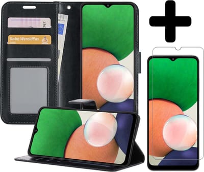 Hoesje - Met Screenprotector - Geschikt voor Samsung Galaxy M22 - Luxe Pasjeshouder - Bookcase Portemonee - Flip Case - Kunstleer Book Case - Flipcase - Book Cover - Walletcase - Portemonneehoes - Telefoonhoesjes - Zwart