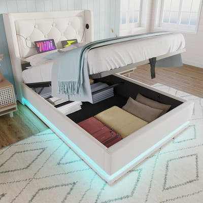 DESMIU Gestoffeerd Bed 90x200 cm – Hoofdbord Met USB C Oplaadfunctie – Hydraulische Opbergruimte en Driezijdige Ledverlichting – PU – Wit – Zonder Matras