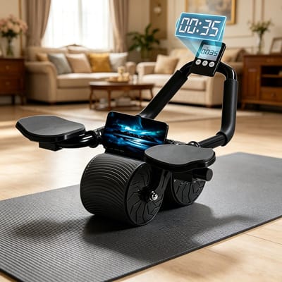 Buikspierwiel met elleboogsteun en brede wielen Automatische terugvering, timer en stil ontwerp Voorkomt polsbelasting en wiebelen Thuis fitness voor mannen en vrouwen