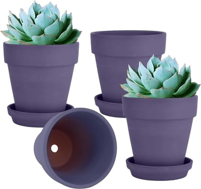 Famanu – Grote paarse terracotta kleipot met schotel set van 4 stuks, 15 cm, met drainagegat voor binnen- en buitenplanten, ideaal voor decoratie