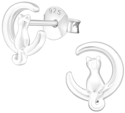 Joy|S - Zilveren kat poes op de maan oorbellen - massief - 8 mm - oorknoppen