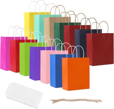Cadeauzakjes, 14 stuks, kleine papieren zakken met handvat, kleurrijke cadeauzakjes, cadeauzakjes met witte hanger en jute, perfecte cadeautas voor kinderverjaardag, feest, 15 x 8 x 21 cm