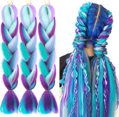 3 Stuks Jumbo Vlecht Haar Extensions - 100g Kanekalon Vlechtwerk voor Haak Twist - Ombre Cyan Paars Blauw/Wit