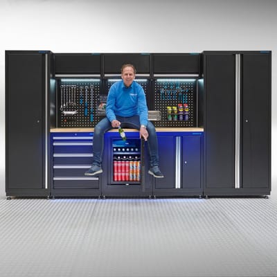 Datona® Werkplaatsinrichting PREMIUM eiken werkblad met koelkast – 354 cm breed - Zwart