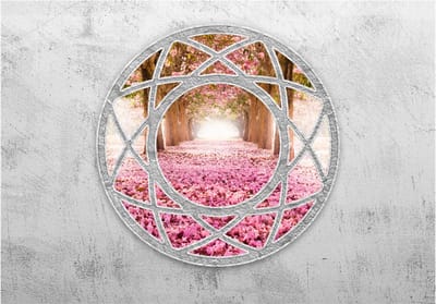 Fotobehangkoning - Behang - Vliesbehang - Fotobehang Bloemen Uitzicht 3D - Enchanted window - 400 x 280 cm