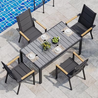 Tuinmeubelset 180 cm 4 Personen – Aluminium Tuinset met Houtlook Tafelblad, Hoge Rugleuning, Weerbestendig & Comfortabel – Laura