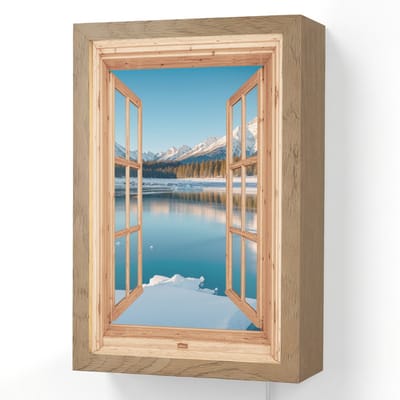 Wandlamp 20x30 cm - Oplaadbaar - Doorkijk - Landschap - Winter - Meer - Bergen - Uitzicht - Wandlampen binnen woonkamer - Slaapkamer lamp met kabel - Decoratieve nachtlamp - Vloerlamp snoer