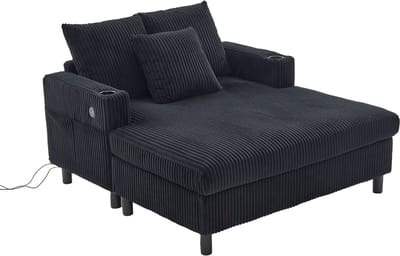REDOM - Extra Grote Chaise Longue Fauteuil - Met USB-Aansluiting En Bekerhouder - Woonkamer - Ribfluweel - Zwart - 142 X 128 X 85 Cm