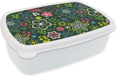 Broodtrommel Wit - Lunchbox - Brooddoos - Bladeren - Patronen - Bloemen - 18x12x6 cm - Volwassenen