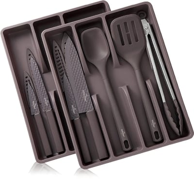 Swiss Haus® KS13T Messenset Met Keukengerei & Bestekbak – 13 Delige Keukenmessen Set - Inclusief 2 Bestekbakken – Antiaanbaklaag – Paars
