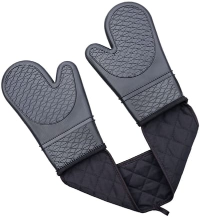 Dubbellaagse siliconen ovenwanten - Keuken ovenwanten - Ovenwanten uit één stuk - Katoenen voering - Hittebestendige handschoenen - Zwart