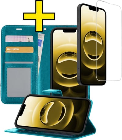 Hoesje - Met Screenprotector - Geschikt voor Apple iPhone 16e - Luxe Pasjeshouder - Bookcase Portemonee - Flip Case - Kunstleer Book Case - Flipcase - Book Cover - Walletcase - Portemonneehoes - Telefoonhoesjes - Turquoise
