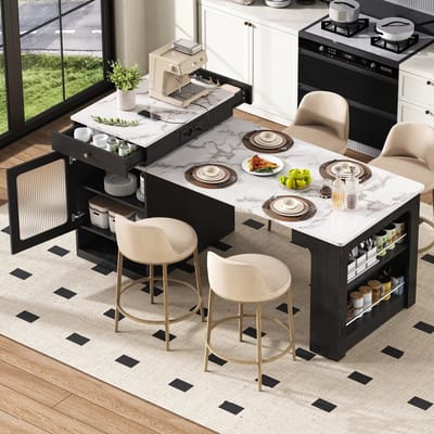Sweiko Uitschuifbare Eettafel - Keukeneiland - Dressoir - 2 lades - Opbergplank - Met stopcontacten - Marmerlook - Wit + Zwart