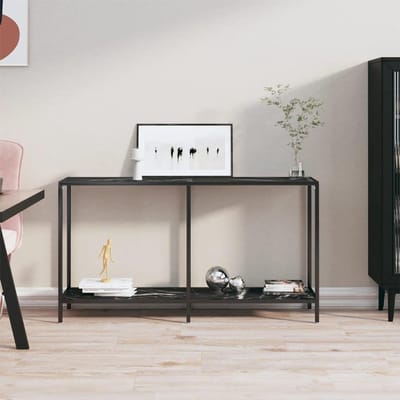 Consoletafel, zwart, 140 x 35 x 75 cm, met glasplaat en onderste plank, gepoedercoat staal, stabiele haltafel voor woonkamer en hal