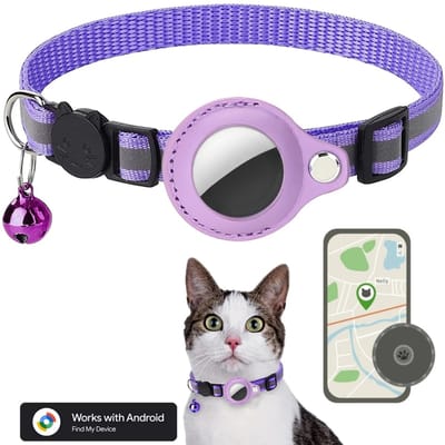 BlueTime ® - Kattenhalsband inclusief Tag - Halsband Kat & Kitten met Kattenbelletje - Gps Tracker Kat zonder Abonnement - Geschikt voor Android Find My Device - Kattenbandje, Poes, Kattenriem air & Tuigje met Houder - Paars