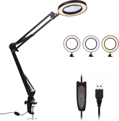 Happyment Loeplamp met Led verlichting - 5X Vergroot - Vergrootglas met lamp - Bureaulamp - 10 dioptrie - Zwart