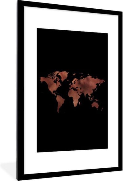 Poster in lijst - Fotolijst 60x90 cm - Posters - Wereldkaart - Rood - Zwart - Posterlijst zwart - Decoratie - Wanddecoratie woonkamer - Muurdecoratie slaapkamer