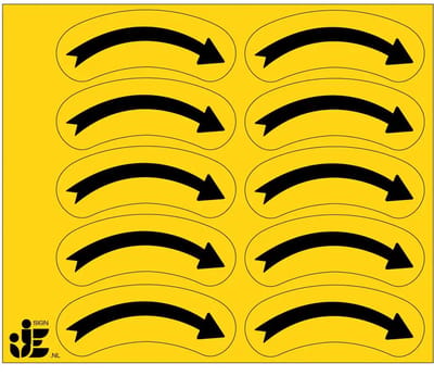 Rechtswijzende draairichtingspijl stickers - geel zwart - op vel | 5 x 2 cm - 10 stickers per vel