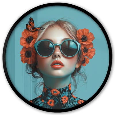 Poster in lijst Rond - Fotolijst 40x40 cm - Posters - Vrouw - Blauw - Vlinder - Bloemen - Aesthetic - Ronde posterlijst zwart - Decoratie - Wanddecoratie woonkamer - Muurdecoratie slaapkamer