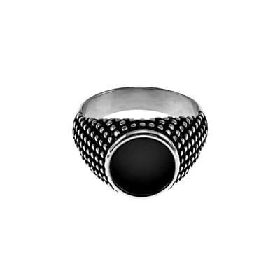 Zegelring Heren - Zilverkleurig RVS - Stalen Ring met Ronde Zwarte Steen