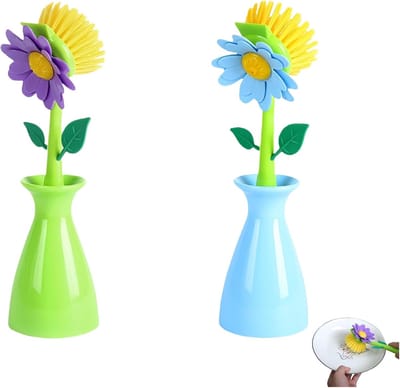 SnelShoppen - Afwasborstelset Bloemenvorm met Handvat en Standaard - Zacht voor Pannen en Potten - Hygiënisch en Multifunctioneel - Groen-Blauw Combi